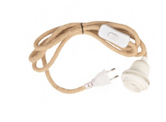 Przewód z wtyczką, oprawką i włącznikiem biały w oplocie jutowym 2m