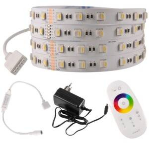 Zestaw: taśma LED 24V 5m RGB+4000K IP20 pilot, zasilacz, sterownik