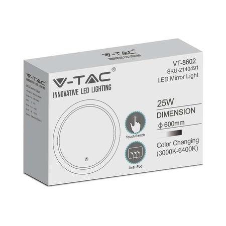 Lustro V-TAC 25W LED Anty Para Okrągłe 60cm IP44 Wł Dotyk Barwa CCT 3w1 VT-8602 3W1 85lm