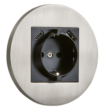 Gniazdo Schuko + USB + USBC podtynkowe okrągłe metalowe TOGGLICA ROUND nikiel szczotkowany 