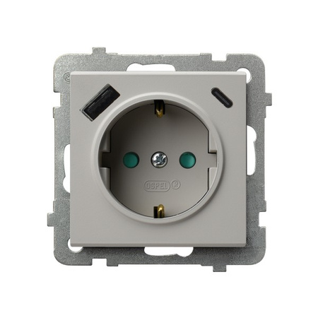 Ospel Sonata Kaszmir Gniazdo pojedyncze z uziemieniem schuko z przesłonami torów prądowych, z ładowarką USB A+C GP-1RSPUSBAC/m/82