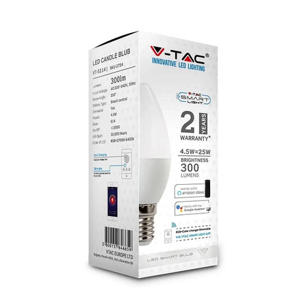 Żarówka LED SMART WiFi V-TAC 4.5W E14 Świeczka TUYA Amazon Alexa Google Home VT-5114 RGB+2700K-6400K 300lm