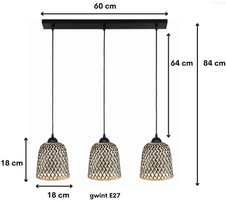 Lampa wisząca 3xE27 potrójna listwa czarna 