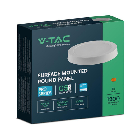 Panel Natynkowy V-TAC 12W LED SAMSUNG CHIP Okrągły 167x30mm VT-60012RD-S 4000K 1200lm 5 Lat Gwarancji