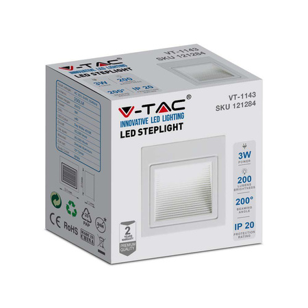 Oprawa Schodowa LED V-TAC 3W LED Kwadrat Biała 230V VT-1143 4000K 200lm