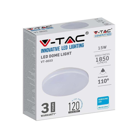 Plafon Natynkowy Okrągły V-TAC 15W LED SAMSUNG CHIP IP44 120Lm/W VT-8033 3000K 1850lm 3 Lata Gwarancji
