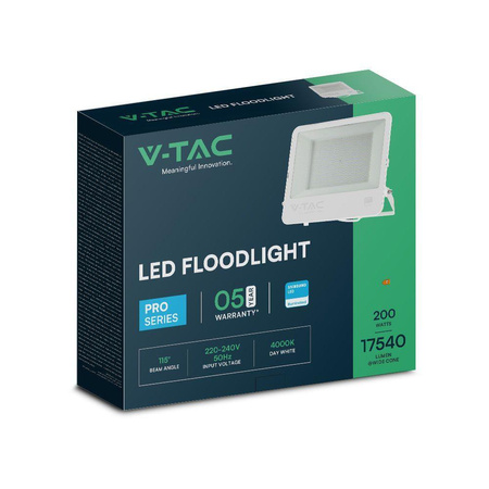 Projektor LED V-TAC 200W 100Lm/W Przewód 1mb SAMSUNG CHIP Biały VT-44204 6500K 17540lm 5 Lat Gwarancji