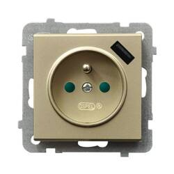 Gniazdo pojedyncze z uziemieniem z przesłonami torów prądowych, z ładowarką USB Ospel Sonata Szampański Złoty