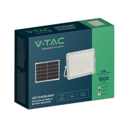 Projektor LED Solarny V-TAC 20W Pilot, AUTO, Timer, IP65 Biały VT-180W-W 4000K 1800lm