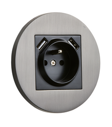 Gniazdo z bolcem + 2xUSB podtynkowe okrągłe metalowe TOGGLICA ROUND grafit szczotkowany