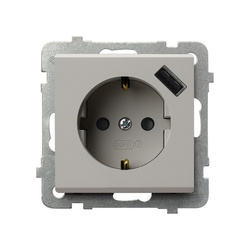 Ospel Sonata Kaszmir Gniazdo pojedyncze z uziemieniem schuko z przesłonami torów prądowych, z ładowarką USB GP-1RSPUSB/m/82