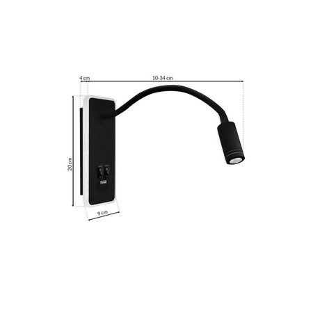 Lampka nocna Kinkiet LED Z USB BASE 8W+2W Black czarny