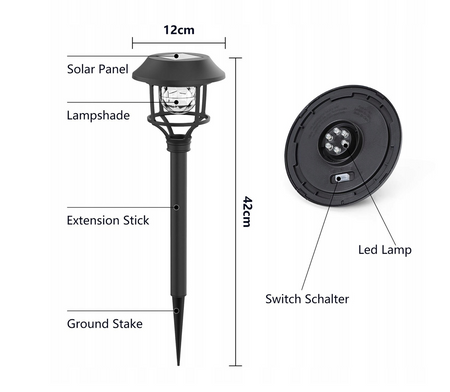 Lampa solarna ogrodowa wbijana LED 42cm RGB zestaw 4 sztuk