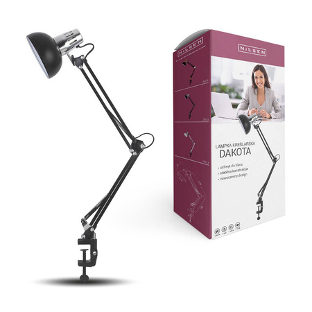 Lampka E27 Dakota kreślarska z klipsem czarny/chrom
