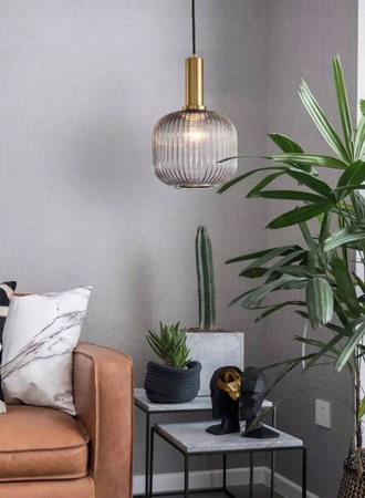Szklana Lampa wisząca karbowana Retro bursztynowa 20cm złota