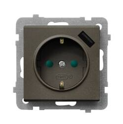 Gniazdo pojedyncze z uziemieniem schuko z przesłonami torów prądowych, z ładowarką USB Ospel Sonata Czekoladowy Metalik