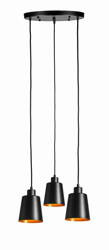 Lampa wisząca potrójna na plafonie czarna stożek czarno złoty