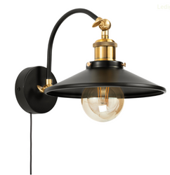 Kinkiet metalowy Retro na łuku czarno złoty płaski z włącznikiem