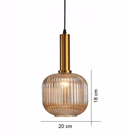 Szklana Lampa wisząca karbowana Retro bursztynowa 20cm złota