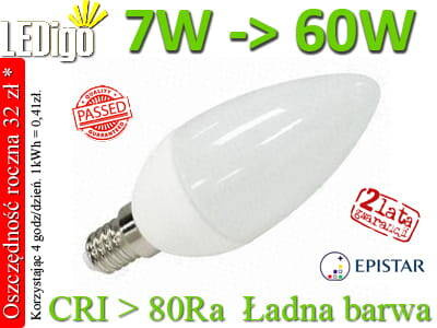 Żarówka świeczka LED E14 7W=60W Zimna