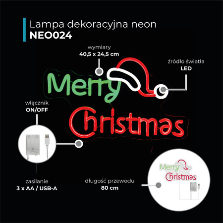 Dekoracja świetlna na święta Neon LED Merry Christmas 40 x 24cm 