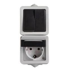 Włącznik podwójny natynkowy z gniazdem zasilającym TEKNO IP54 szary