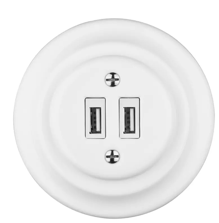 Gniazdo ceramiczne podtynkowe 2 x USB białe retro bez ramki