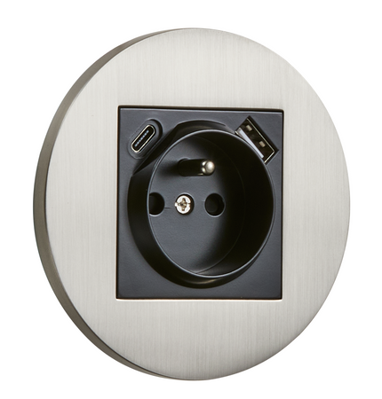 Gniazdo z bolcem + USB + USBC podtynkowe okrągłe metalowe TOGGLICA ROUND nikiel szczotkowany
