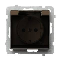 Gniazdo bryzgoszczelne z uziemieniem schuko IP-44 z przesłonami torów prądowych wieczko przezroczyste Ospel Sonata Czekoladowy Metalik