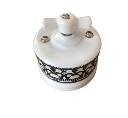 Włącznik ceramiczny obrotowy natynkowy pojedynczy biały ze zdobieniem FOLK