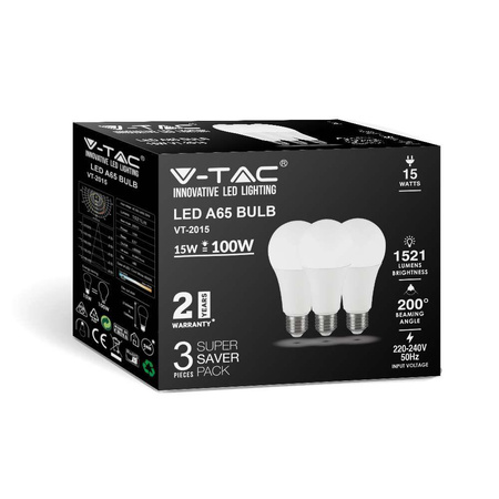 Żarówka LED V-TAC 15W E27 A60 (Opak. 3szt) VT-2015-3PC 2700K 1350lm