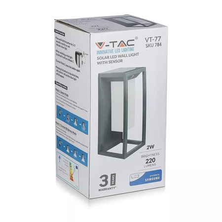 Kinkiet Ogrodowy Ścienny Solarny V-TAC 2W LED SAMSUNG CHIP Szary 2-funkcje IP65 VT-77 3000K 220lm 3 Lata Gwarancji