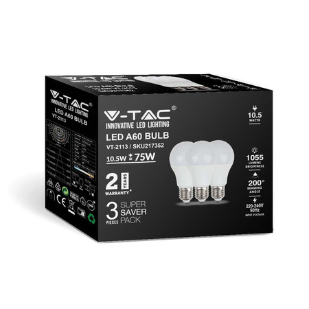 Żarówka LED V-TAC 10,5W E27 A60 (Opak. 3szt) VT-2113 2700K 1055lm