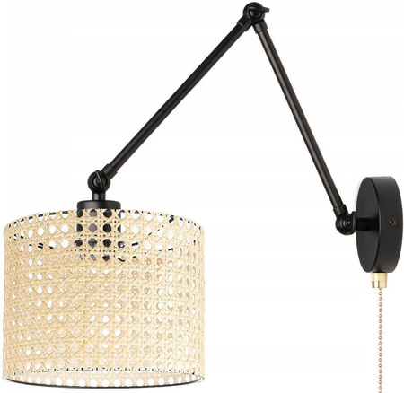 Kinkiet regulowany łańcuszek metalowy czarny abażur rattan
