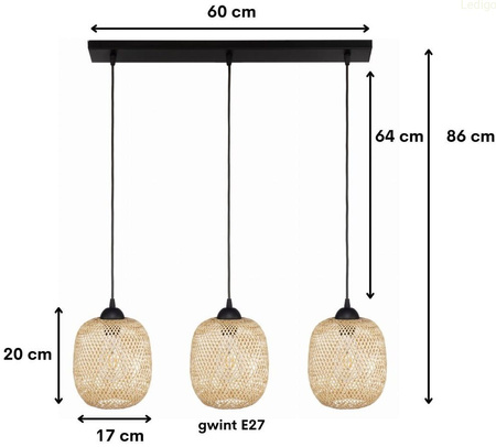 Lampa wisząca 3xE27 potrójna listwa czarna 