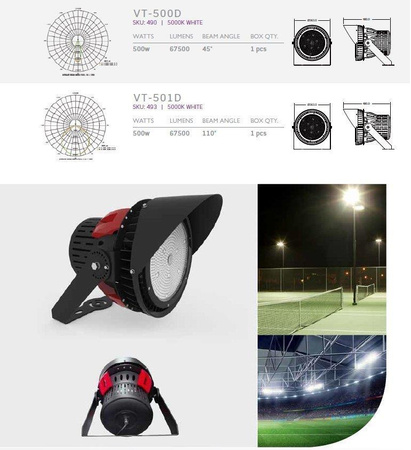 Projektor LED V-TAC 500W SAMSUNG CHIP Sports Light 110st Ściemnialny Zas. Mean Well VT-501D 5000K 67500lm 5 Lat Gwarancji