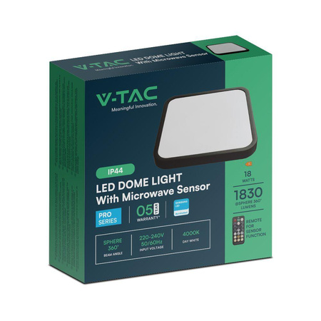 Plafon V-TAC 18W LED SAMSUNG CHIP Kwadrat 30x30cm Natynkowy Pilot Czujnik Ruchu IP44 Czarny VT-8618S 4000K 1830lm 5 Lat Gwarancji