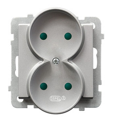 Gniazdo podwójne z przesłonami torów prądowych, moduł bez ramki Ospel Sonata Srebrny Mat