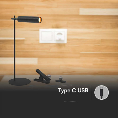 Lampka Biurkowa V-TAC 4w1 37cm Kinkiet Klips Latarka 3W LED Czarna 