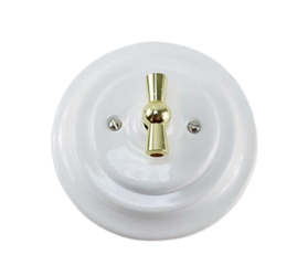 Włącznik ceramiczny obrotowy podtynkowy pojedynczy biały ze złotym pokrętłem