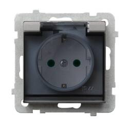 Gniazdo bryzgoszczelne z uziemieniem schuko IP-44 z przesłonami torów prądowych wieczko przezroczyste Ospel Sonata Srebrny Mat