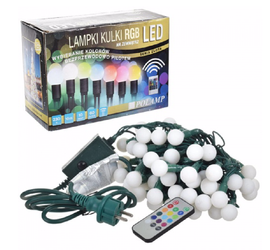 Lampki choinkowe LED mleczne KULKI zewnętrzne 10mb 60 LED RGB z pilotem IP65