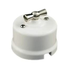 Włącznik ceramiczny obrotowy natynkowy pojedynczy biały ze srebrnym pokrętłem