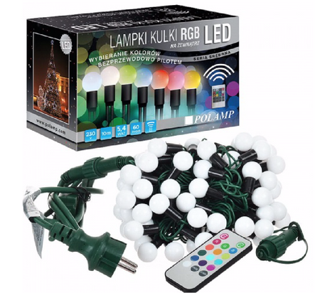 Lampki choinkowe LED mleczne KULKI 10mb 60 LED IP44 RGB z pilotem