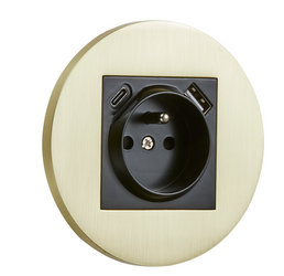 Gniazdo z bolcem + USB + USBC podtynkowe okrągłe metalowe TOGGLICA ROUND złoty szczotkowany