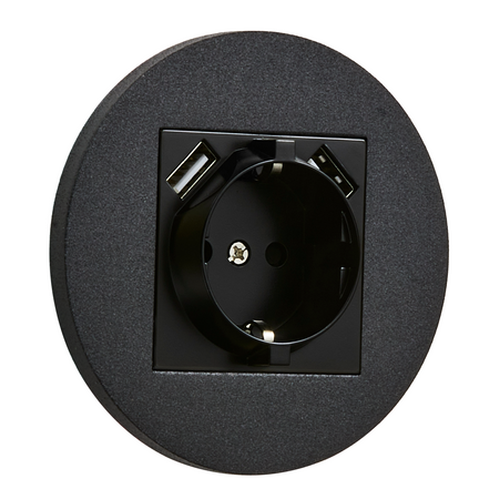 Gniazdo schuko  podtynkowe okrągłe metalowe + 2xUSB TOGGLICA ROUND czarny mat 