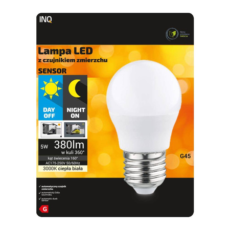 Żarówka LED E27 G45 5W ciepła 3000K z czujnikiem zmierzchu 