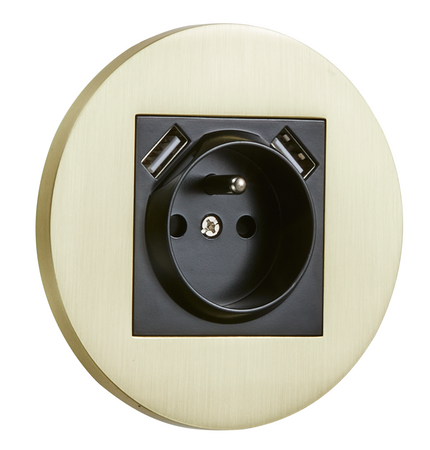 Gniazdo z bolcem + 2xUSB podtynkowe okrągłe metalowe TOGGLICA ROUND złoty szczotkowany