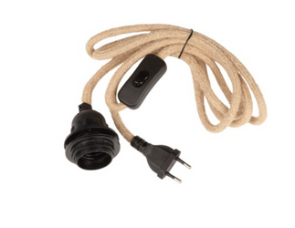 Przewód z wtyczką, oprawką i włącznikiem czarny w oplocie jutowym 2m