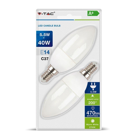 Żarówka LED V-TAC 5.5W E14 Świeczka (Blister 2szt) VT-2106-B 2700K 470lm